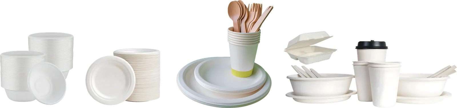 White and natural sugarcane bagasse bowls, plates, cups, clamshell boxes and cutlery