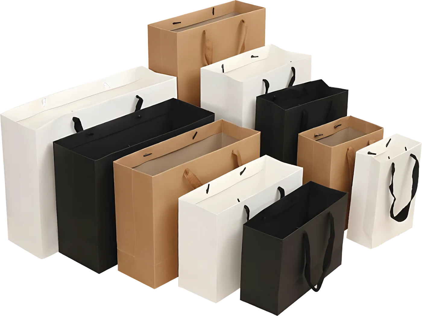 Paper shopping bags in white, black and kraft brown