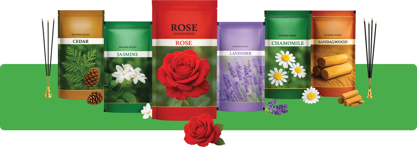 Incense stick pouches in cedar, jasmine, rose, lavender, chamomile and sandalwood