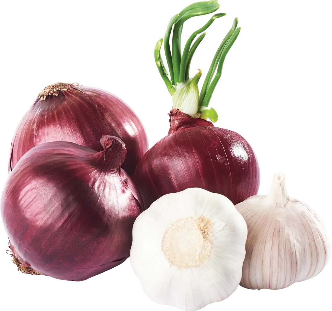 Red onions and garlic bulbs